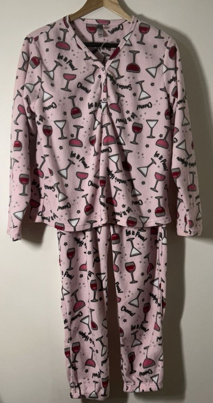 PJ Couture Women's Large Fleece 2 Piece Pajama Set Santa's Helper Wine Martini